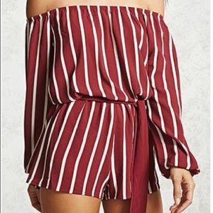 F21 wine color, striped, off the shoulders romper